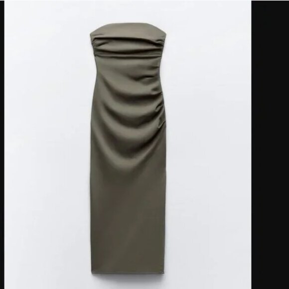ZARA DRAPED MIDI DRESS KHAKI - Picture 5 of 6